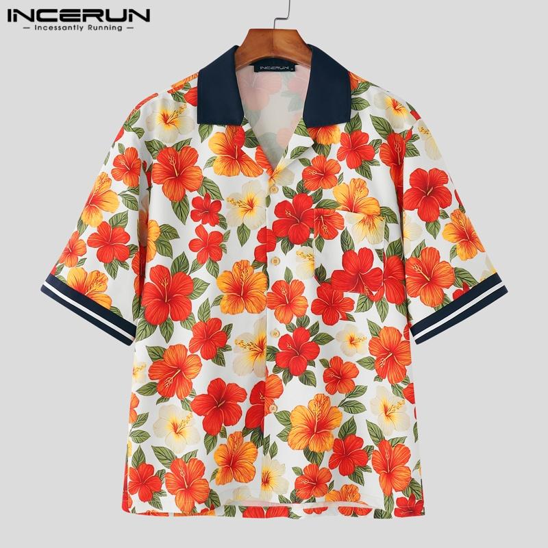 INCERUN Summer Men Lapel Neck Short Sleeve Floral Print Stitching Casual Oversized Hawaiian Shirts