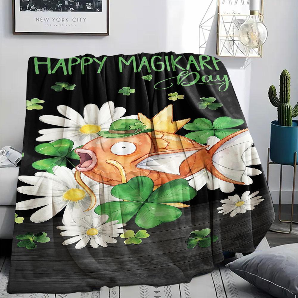 1Pc Orange Lucky Pokemon Print Flannel Blanket, High quality Comfortable for All Seasons, Home Decor, Warmth and Comfort, Perfect for Christmas Gifts