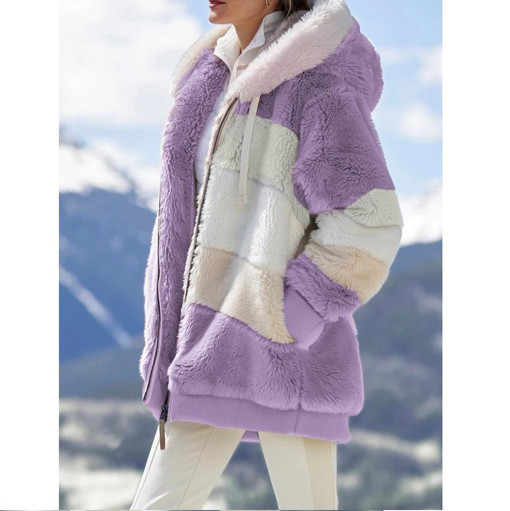 Autumn and Winter Warm Plush Patchwork Zipper Pocket Hooded Jacket for Women