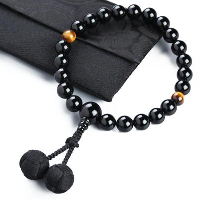 Nenjudo Made In Japan Men's 22-Bead Prayer Bead Set, Premium Natural Black Onyx with Tiger's Eye and Brahma Tassel [Black Tassel] [Prayer Beads Bag