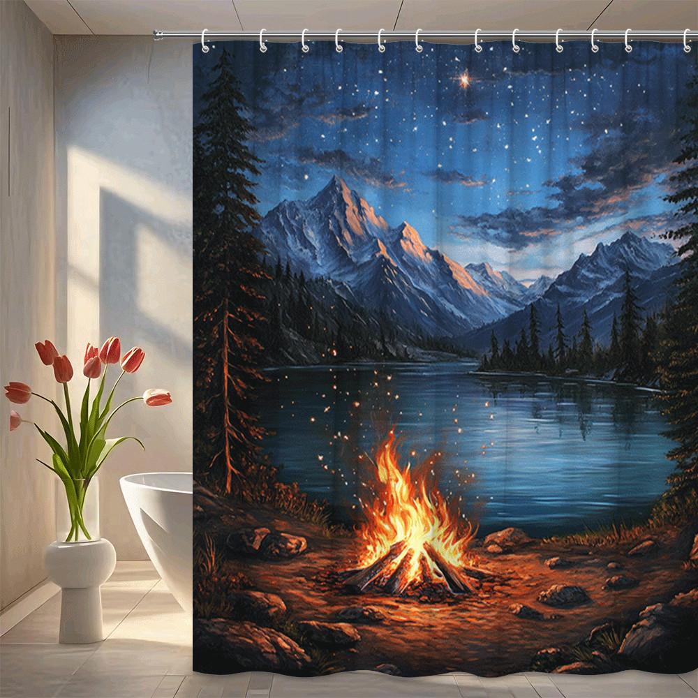 Campfire By Mountain Lake Shower Curtain Starry Night Sky Pine Trees Nature Scene Outdoor Adventure Decor Waterproof Non-Toxic W60H190(CM)-1 Pcs