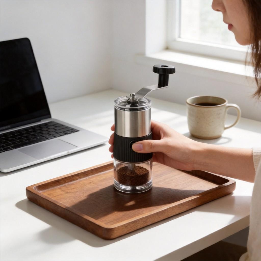 Moderne manuelle Kaffeemühle aus Edelstahl mit einstellbarem Mahlgrad für den Büroeinsatz