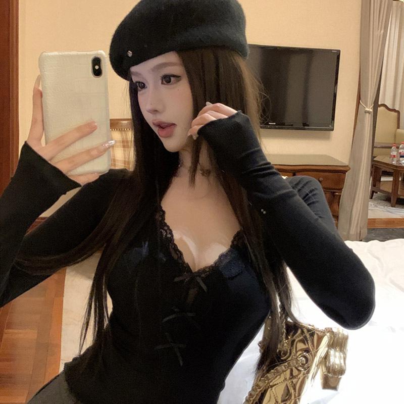 Bow lace v-neck long-sleeved women's spring and summer slim-fit short inner bottoming shirt top