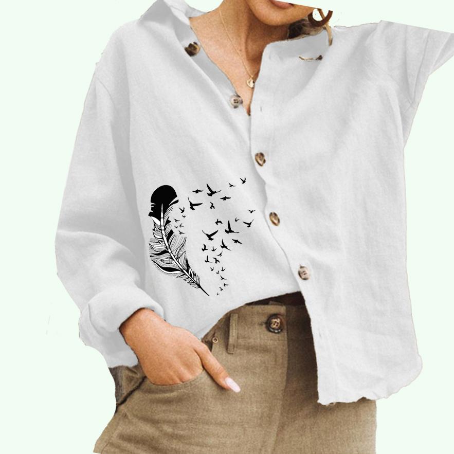 Damenmode Umlegekragen Bluse Damen Print Baumwolle Leinen Top Casual Button-Down-Shirt