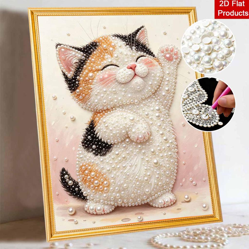 Creative DIY Framed Pearl Art Kit with Cute Lucky Cat Pattern Sparkling Bead Canvas Ready to Display Relaxing Gift for Adults Projects