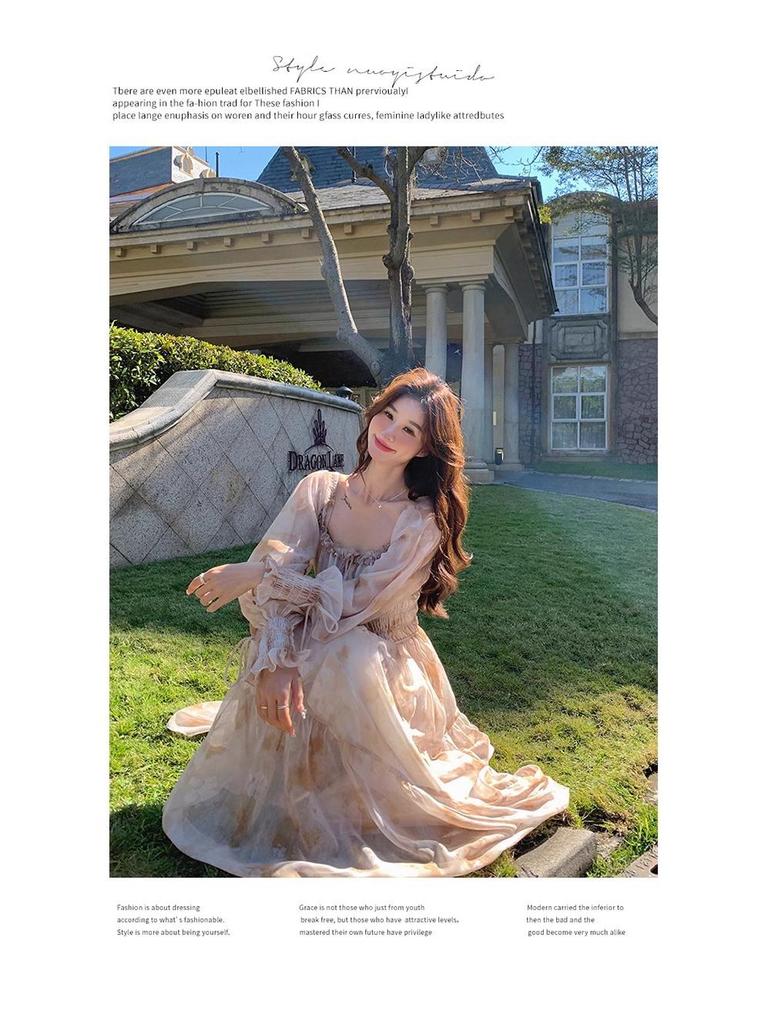 Women's Floral Chiffon Puff Sleeve Dress - French Square Neck, Spring/Autumn Fairy Mori Girl Style