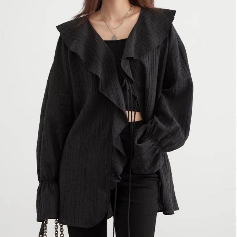 Frühlingsrüschen Schlagärmel Schnürung Vintage Lässige Hemden für Damen Mode Elegant V-Ausschnitt Lockere Blusen Damen Oberteile Slim Fit Einfarbiges Damenhemd 25999