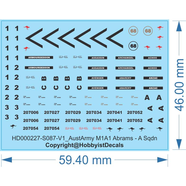 ADF Army Abrams M1A1 MBT Decals - 1/16 1/35 1/48 1/72 HO (1/87) - Water Decal