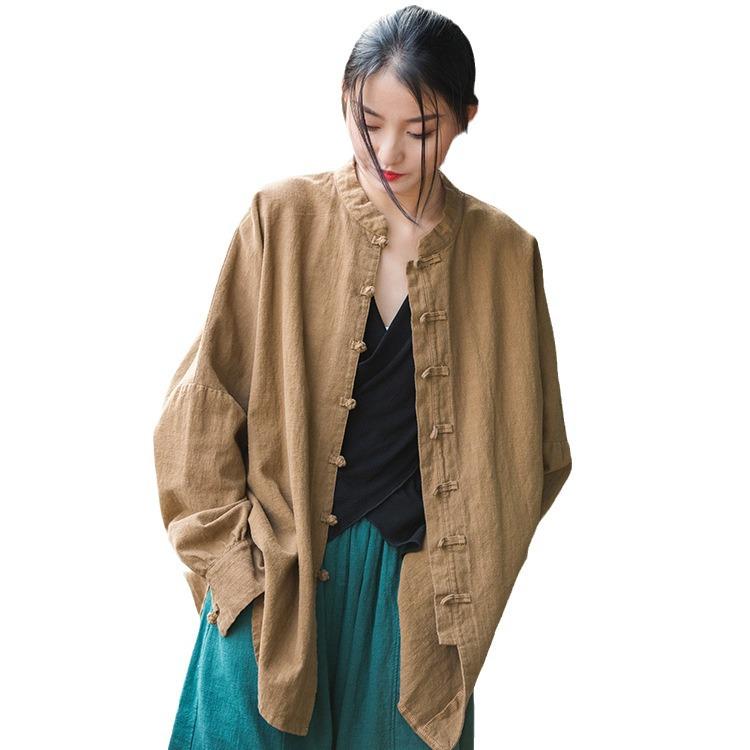 Wiosna/Lato 2025 Damski Bawełniany Lniany Ramie Zen Garnitur do Herbaty Kardigan: Postarzany piaskowy odcień do fotografii podróżniczej.