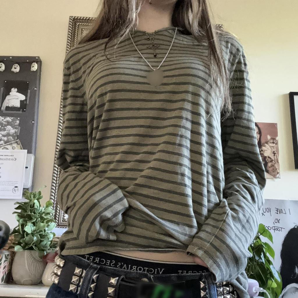 Women's Fall Casual Tops Stripe Pattern Loose Fit T-Shirts Thin Long Sleeve Crew Neck Pullovers