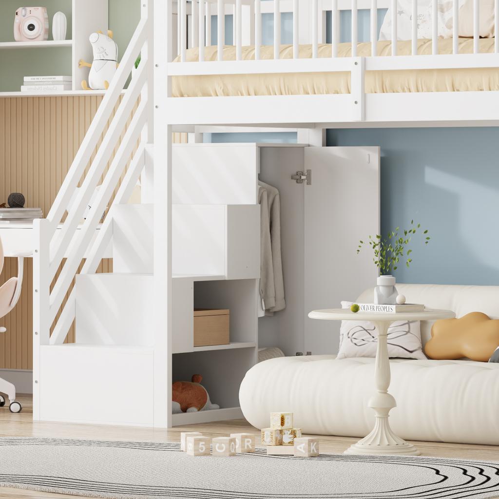 Loft Bed 90 x 200, High-Fence Safety Design with Wardrobe, Shelves and Storage with Safety Climbing Ladder, Multifunctional Bed, Solid Wood Bed, White