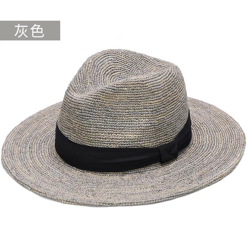 

Summer Natural Raffia Jazz Top Sun Hats Women High-quality Double-deck Straw Hat Unisex Beach Sun Protection Sunshade Panama Hat 56-58CM сірий