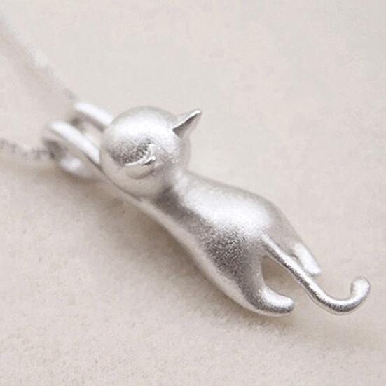 Women Faux Silver Lovely Jumping Cat Pendant Necklace Collar Jewelry