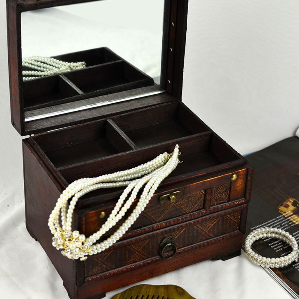 Abschließbarer Schmuckorganisator aus Holz für Ohrringe, Halsketten, chinesische Schmuckschatulle mit Spiegel, Halter für Damenaccessoires