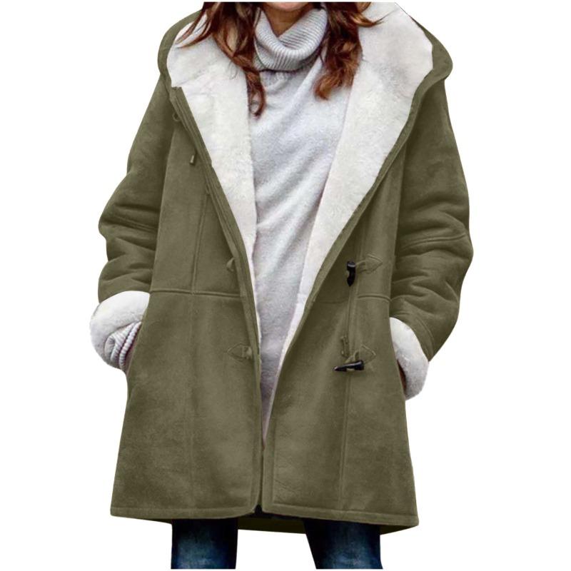 Langärmelige Damen-Fleecejacke mit Kapuze, warm, einfarbig, mit Kuhhornknöpfen