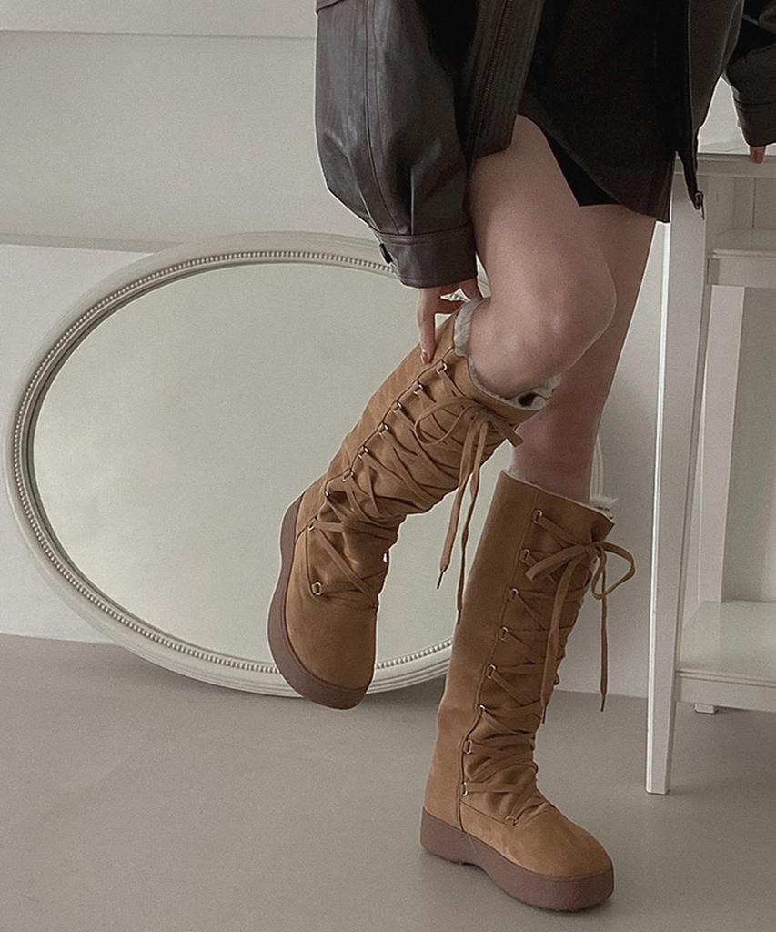 Moodnple Rorobi Warm Suede Long Lace Fur Boots 4Cm 2 Colors