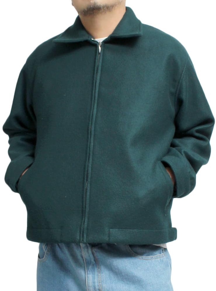 [One Colors] Faux Melton Jacket Men's Large Size Solid Color Collared Zip-Up Swing Top 3L Green