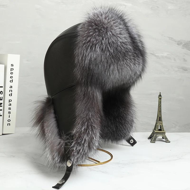 

Зимние теплые шапки с защитой ушей из натурального лисьего меха Женские шапки-ушанки из натуральной кожи, ветрозащитные и теплые, из лисьего меха, с утолщенной овчиной 56cm-58cm