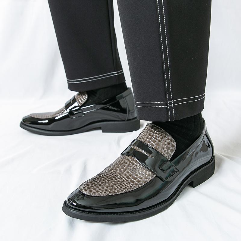 Men Black Loafers Leather Shoes Formal Business Flats Slip on Shoes Wedding Dress Prom Shoes Mosaic Contrast Over Sized
