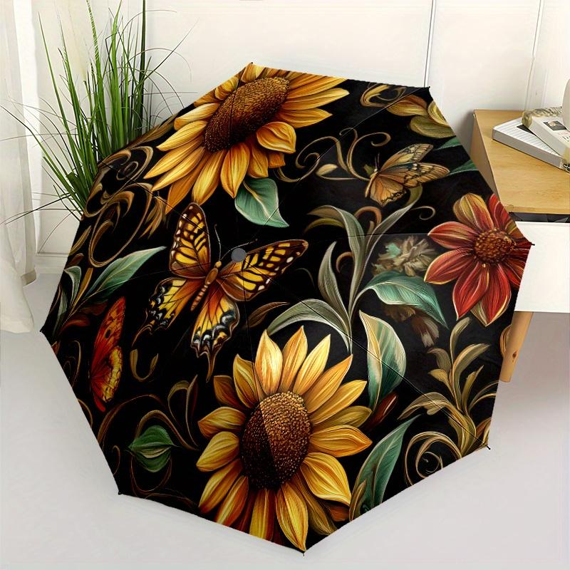 Floral&Butterfly Print Umbrella - Automatic Folding,8 Ribs for Stability,Vibrant Sunflower&Butterfly Design,Perfect for