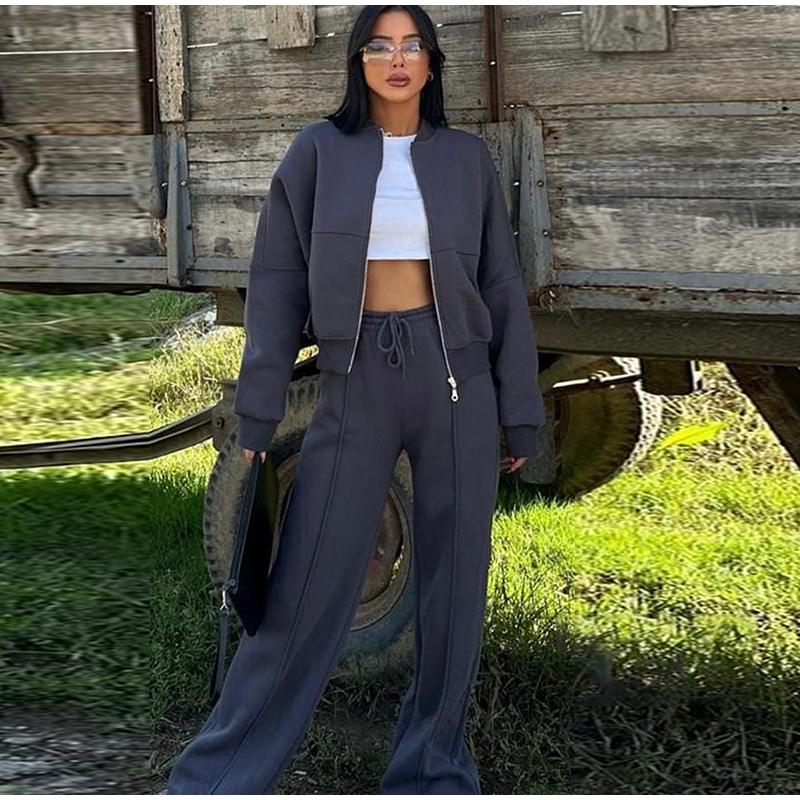 Ležérní mikina na zip, kalhoty, sada, ženy, jednobarevná, s výstřihem do O-neck, bomber bunda, volné šněrovací kalhoty s vysokým pasem, 2025 jaro/podzim, nové dámské obleky