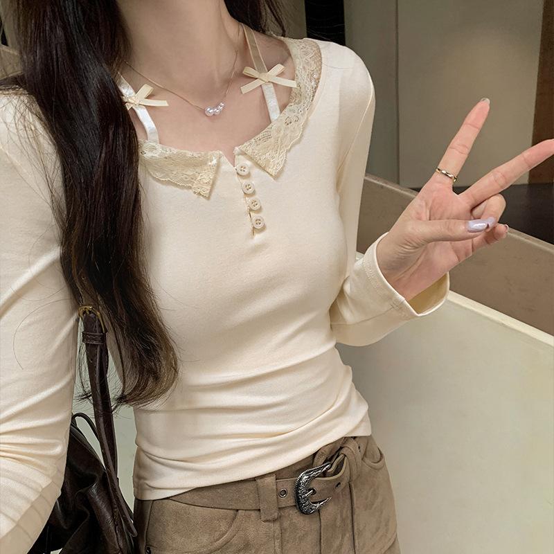 French Sweet and Spicy Design Lace Splicing Half-row Buttons Thin Long-sleeved T-shirt Women's Autumn New Inner Layering Shirt