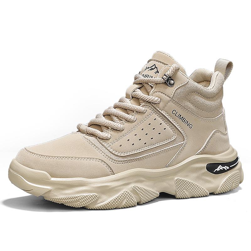 

Rhubarb boots men s autumn and winter new fashion Martin boots leather surface breathable heightening men s shoes outdoor non-slip high-top tooling 39 бежевый