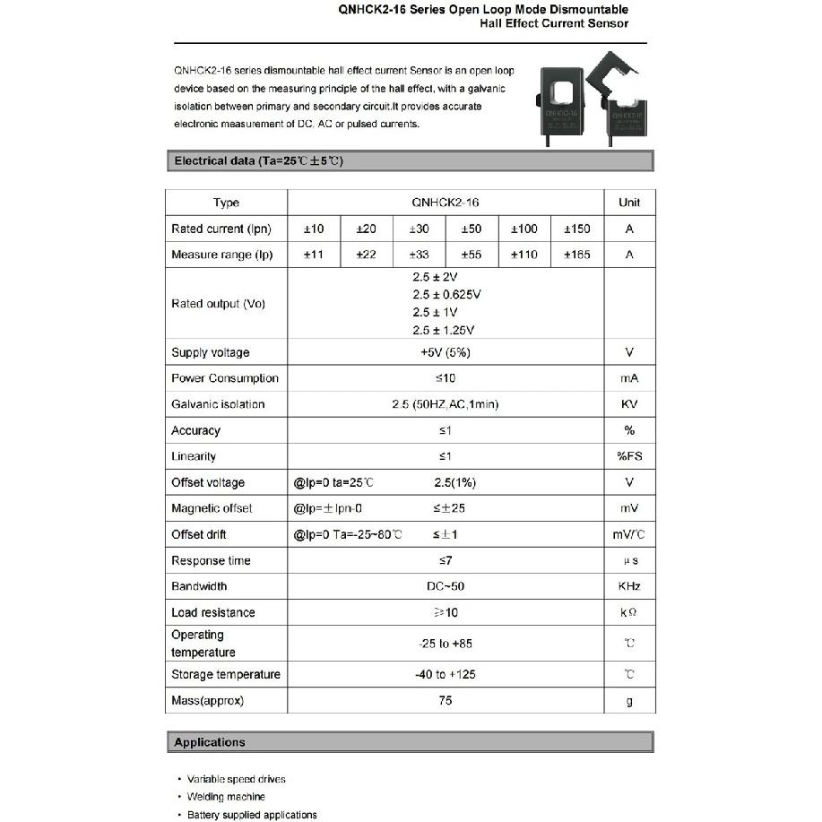 Hall Effect Current Transducer Sensor QNHCK2-16 dc 10A 20A 30A 50A 100A 2.5V±2V 2.5V±0.625V Split core current sensor clamp on