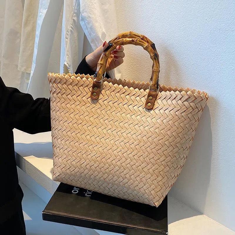 Yogodlns Sommer Stroh Tasche Frauen Große Kapazität Strand Tasche Weben Handgemachte Griff Tasche Mode Kintted Tote Tasche Urlaub Große Handtasche