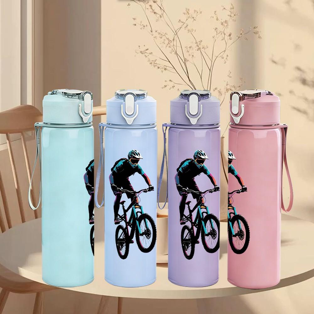 1PC Bicycle Rider Sport Character Print 750ml Color Plastic Sports Water Bottle Leakproof Flip Straw Lid Suitable for Sports Office Home Use
