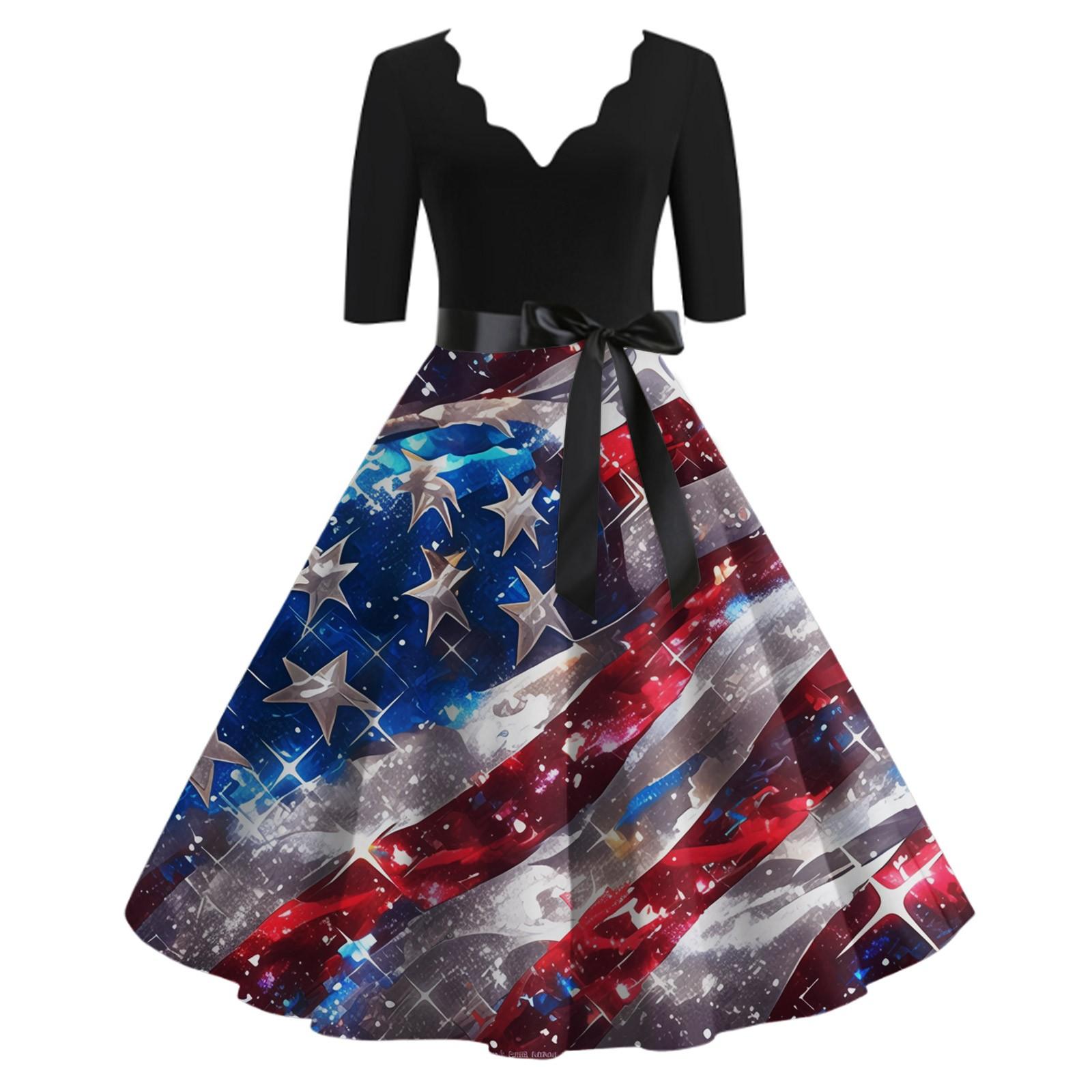 

Women s Casual And Fashionable Independent Day Printed V-Neck Seven Point Cuff Waist Belt Dress L синій