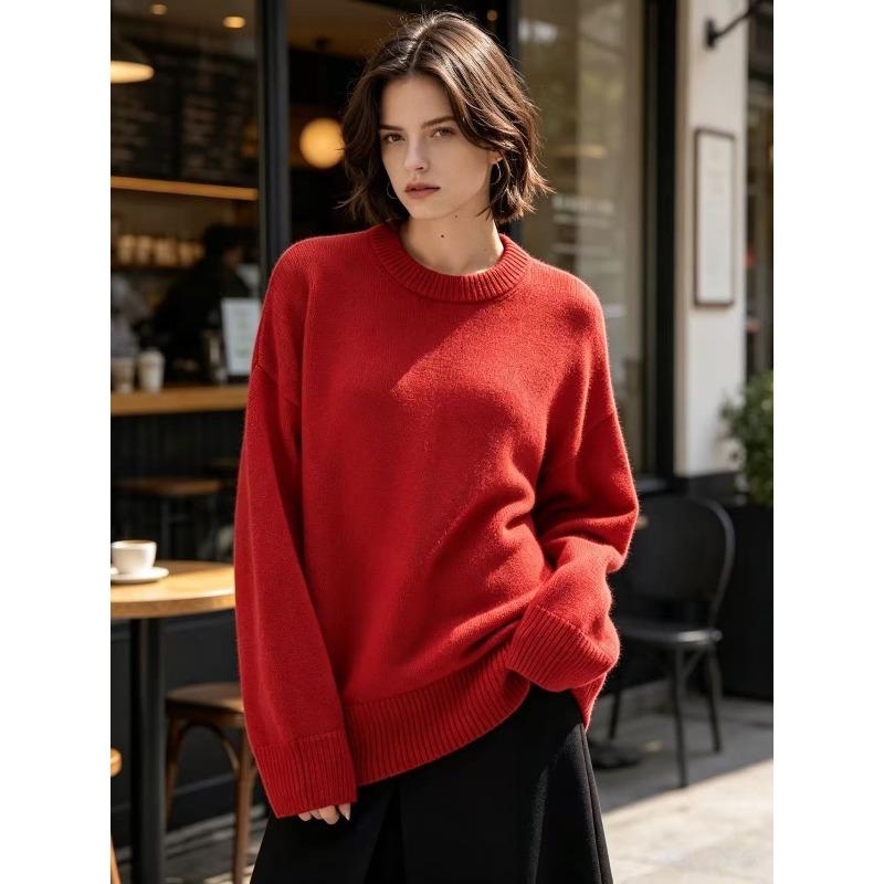 European and American Knitted Sweater Women's Loose Round Neck Solid Color Long Sleeve Thickened Large Size Autumn and Winter Casual Pullover