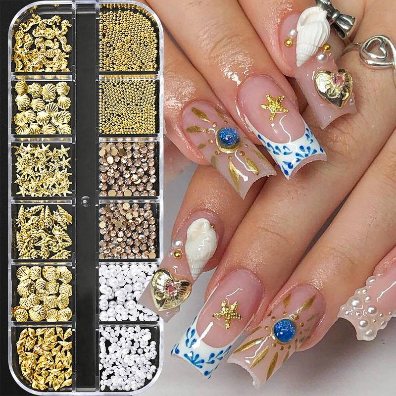 12Grids Ocean Gold Nail Art Charms Shell/Seahorse/Starfish White Half Round Pearl Gems 3D Mixed Punk Manicure Metal Rivets Studs