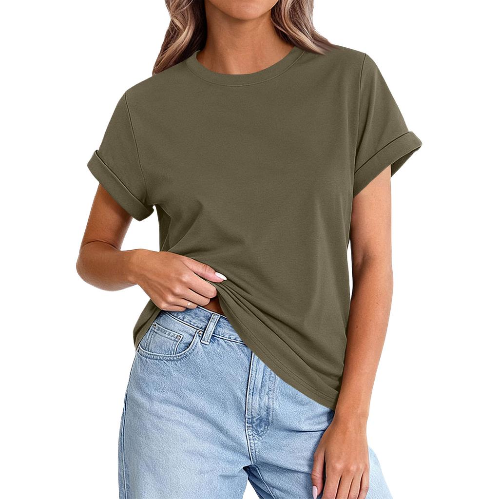 Womens  Casual Rolled Short Sleeve Basic Tees Fashion Tops