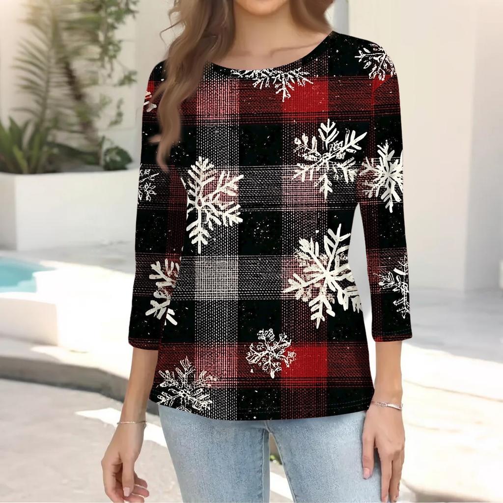 Women's Fashion Casual Christmas Tree Printed Round Neck Three-Quarter Sleeve T-Shirt Top