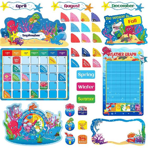 90 Pcs Sea Calendar Bulletin Board Set Pocket Chart Seasons Weather Chart Ocean Theme Classroom Decor Monthly Calendar for School Classroom Home