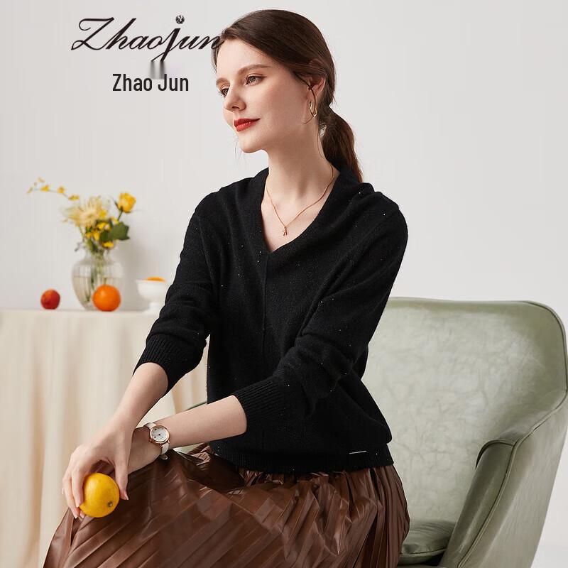 Zhaojun Women's V-Neck Pure Cashmere Beaded Sweater