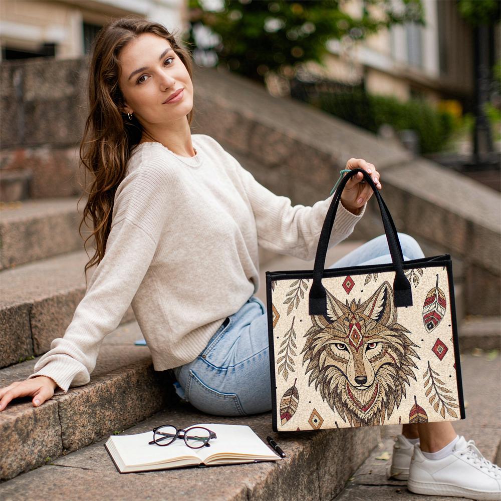 Bohemian Wolf Pattern Tote Bag Casual Daily Use Large Capacity Carry Bag for Women Lightweight Stylish Commuter Handbag