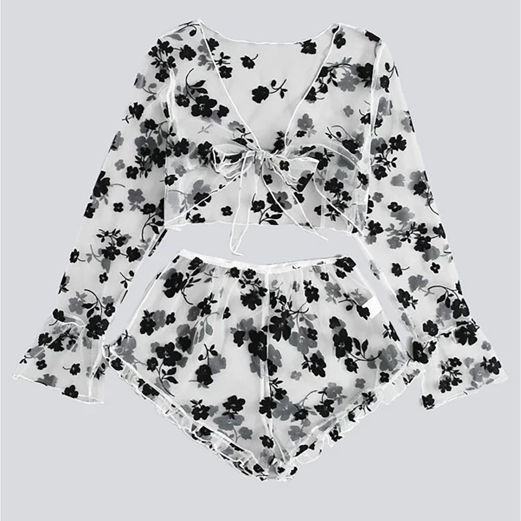 Dámská móda Sexy krajka Transparentní pyžamo Hot Sexy spodní prádlo Set