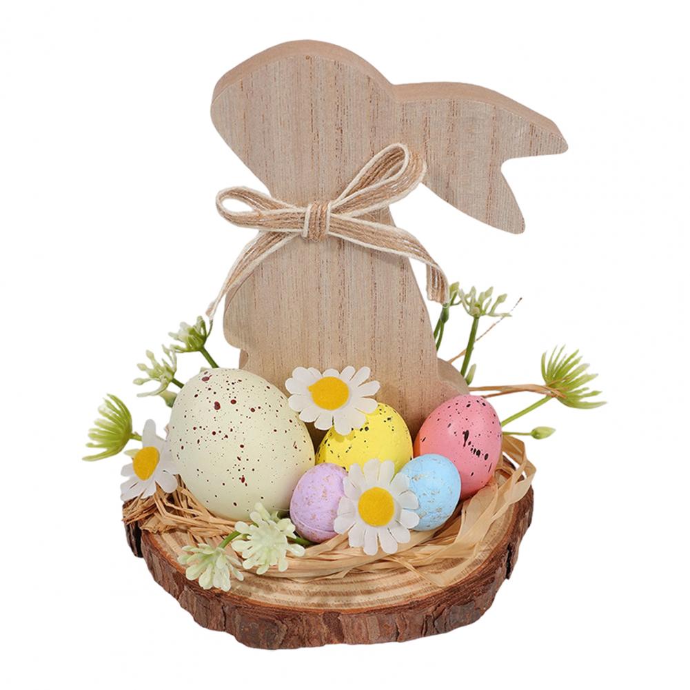 Wooden Easter Bunny Decoration Farmhouse Rustic Artificial Flower Colorful Egg Rabbit Table Sign Desktop Ornament Home Ornament