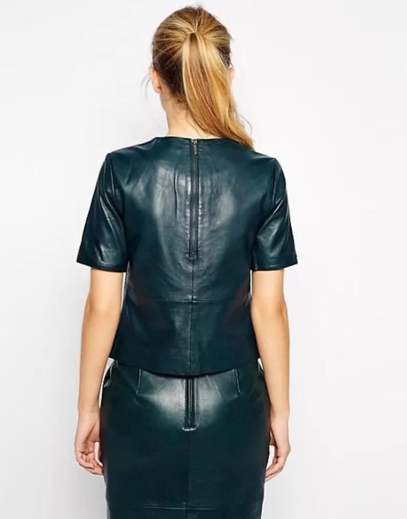 Handmade  Leather Stylish Casual Women's Top Green Party Wear Handmade Lambskin