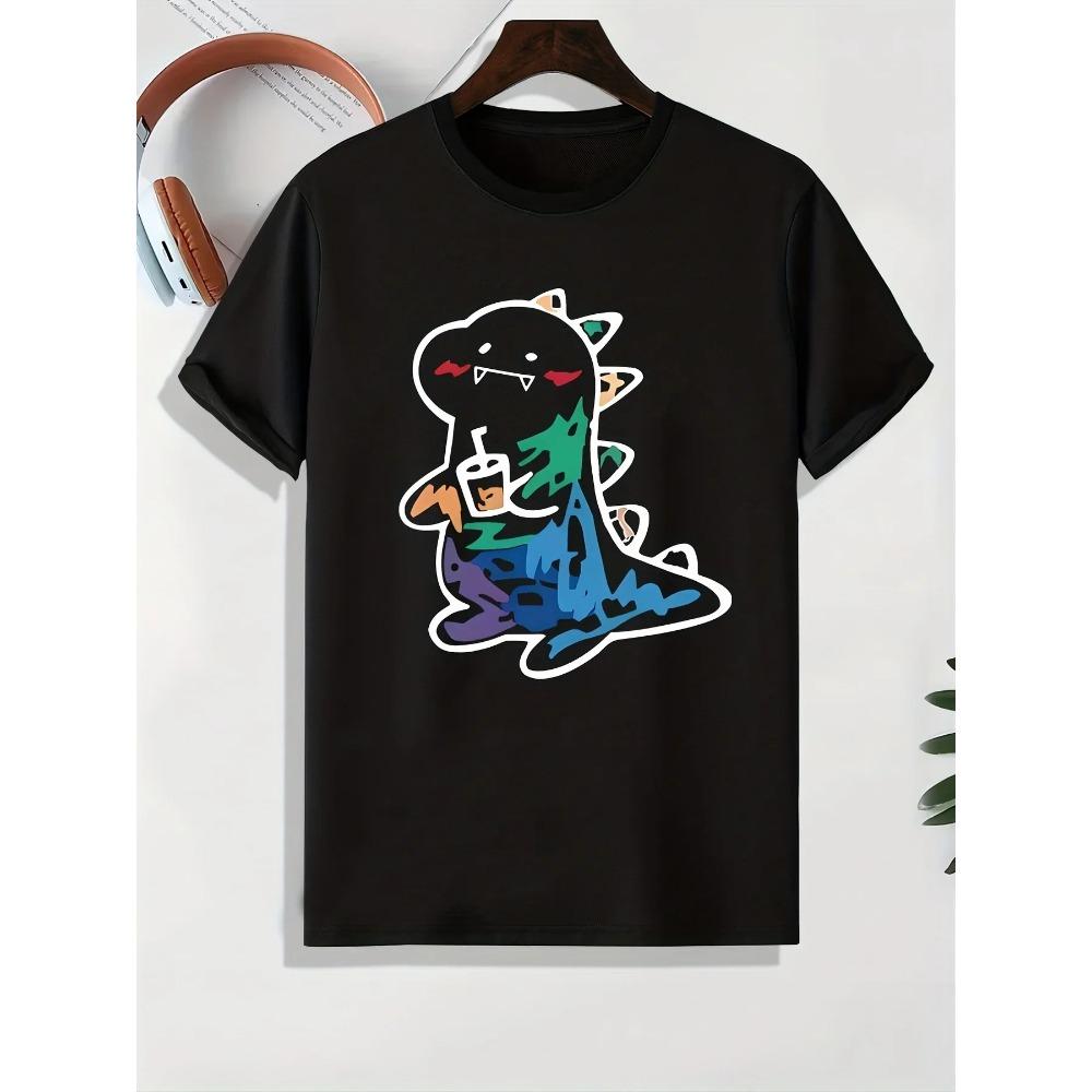 Men's Cute Dinosaur Print Loose T-Shirt, Casual Stretch Tees, Summer