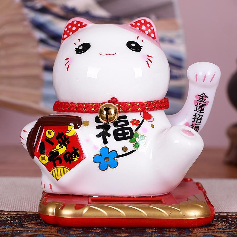 Ceramic Lucky Cat Ornament Maneki Neko Beckoning Fortune Cat Home Car Decoration Gift Wealth Waving Arm Cat Solar Powered