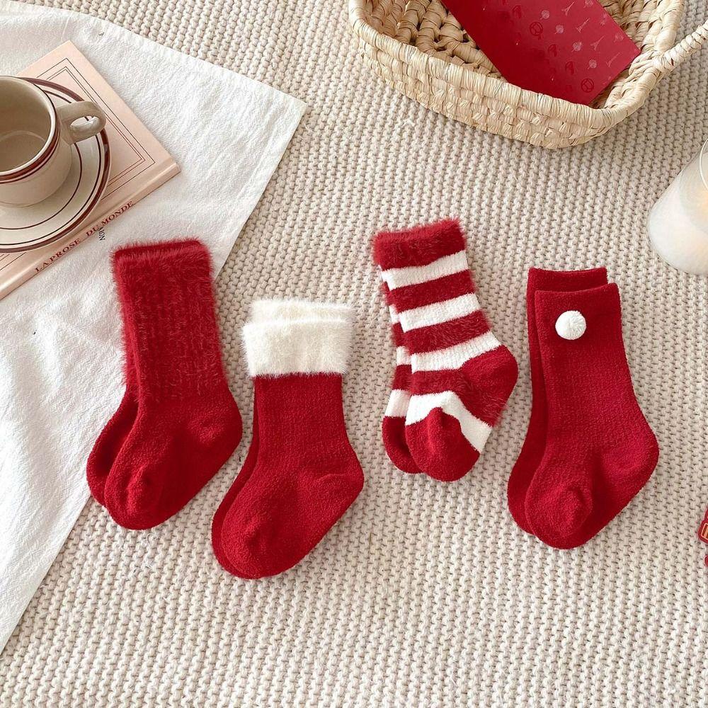 5 par Zagęszczone Ciepłe Noworoczne Czerwone Skarpetki Bawełniane Skarpetki do Kolan dla Malucha Dziecięce Pluszowe Czerwone Skarpetki Skarpetki Dziecięce