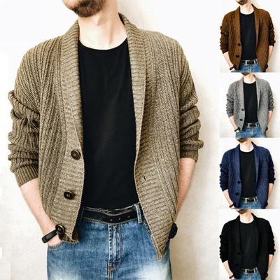 Men Sweater Cardigan Lapel Slim Leisure Single Breasted Solid Color Casual Cardigan