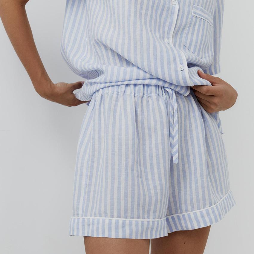 New European and American striped short-sleeved shorts pure cotton two-piece set soft and comfortable pajamas women's loungewear