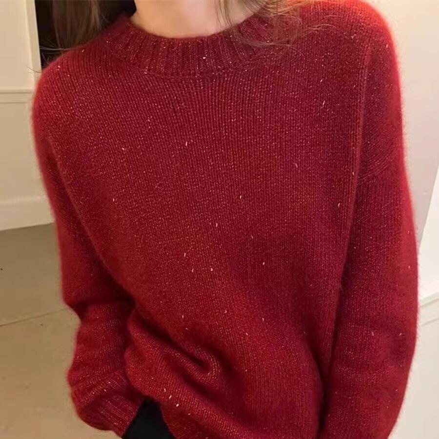 Women's High-End European Style Red Pure Wool Sweater with Lurex - Autumn/Winter Collection, Loose & Thickened, Year of the Rat Design