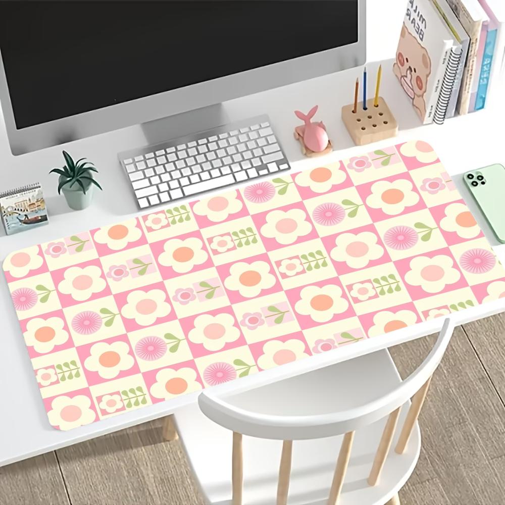 Pastel Checker Daisy Large Extended Gaming Mouse Pad Non Slip Desk Surface Cute Floral Grid Print For Gaming And Office Desktop