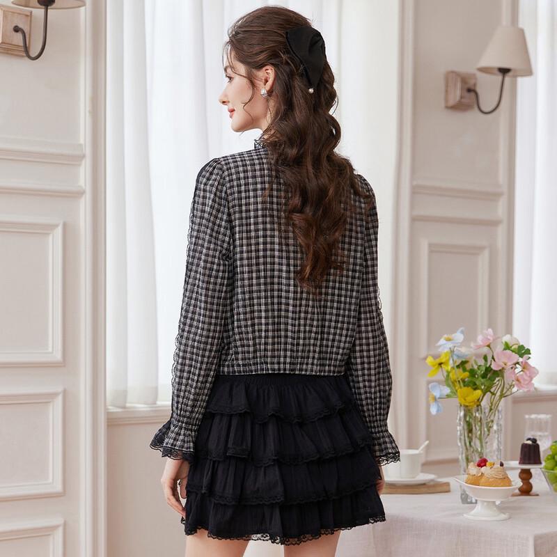 Women's Lace Patchwork Plaid Blouse
