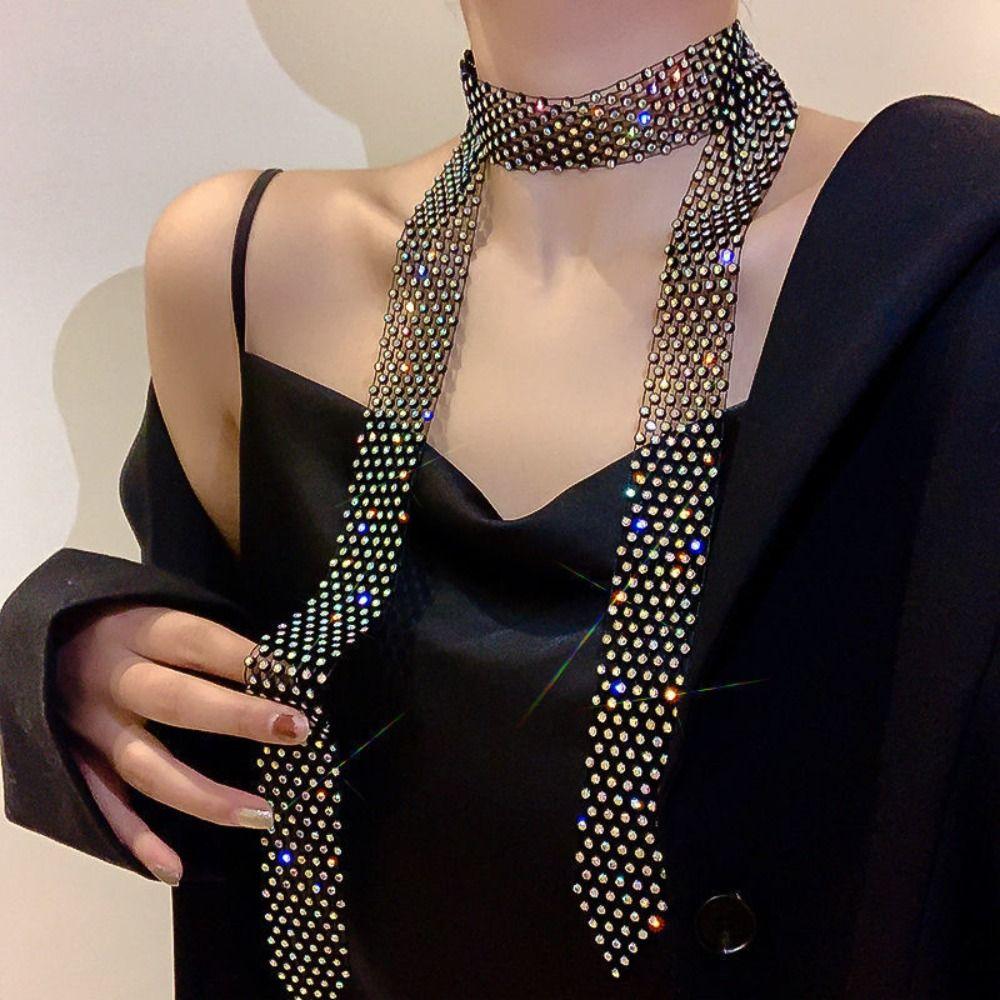 Schwarzes Langes Halsband Koreanische Dekoration Hemdkrawatte Mode Strass-Krawatte Performance